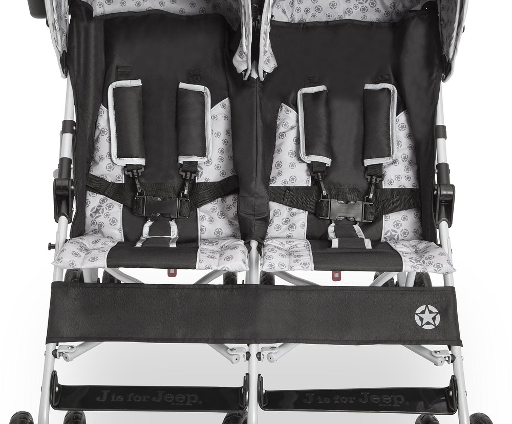 Delta Children Jeep Scout Double Stroller fits through standard 30 inch doors for simplicity.