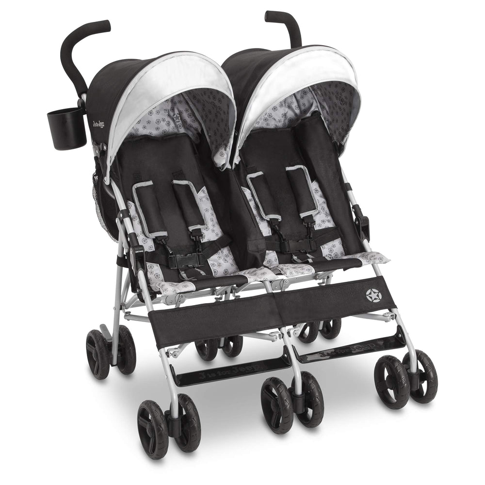 Delta Children Jeep Scout Double Stroller Charcoal Galaxy with extendable canopy protects children from sun.