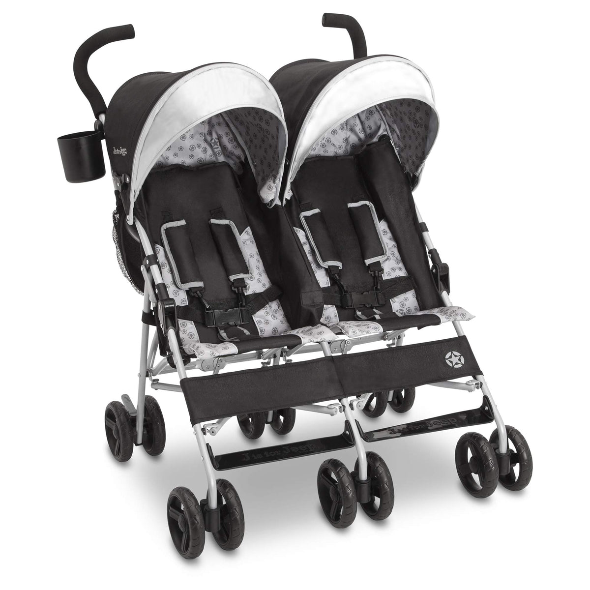 Delta Children Jeep Scout Double Stroller Charcoal Galaxy with extendable canopy protects children from sun.