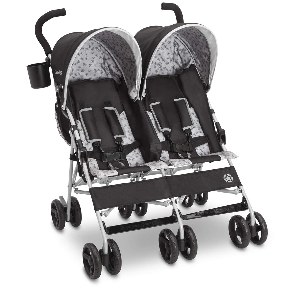 Delta Children Jeep Scout Double Stroller safety harness with reflective trim aids nighttime visibility.