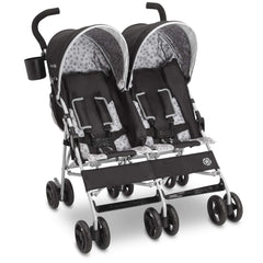 Delta Children Jeep Scout Double Stroller safety harness with reflective trim aids nighttime visibility.