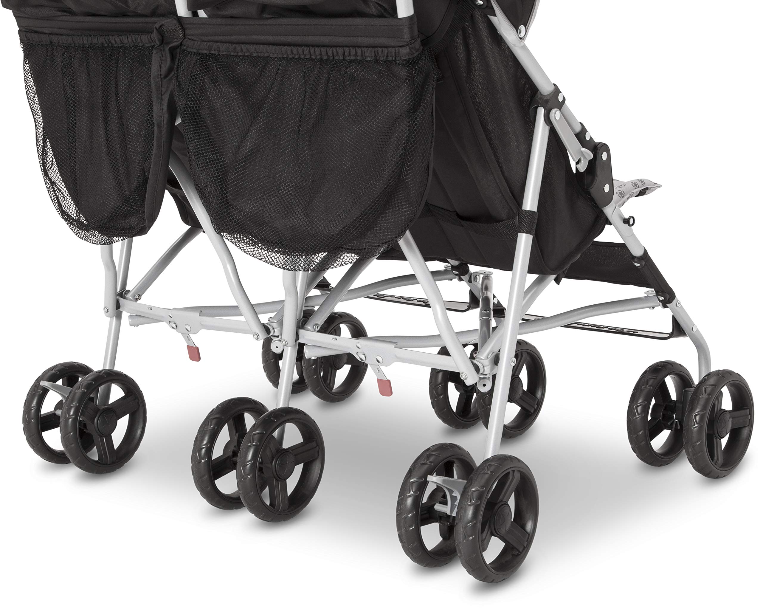 Delta Children Jeep Scout Double Stroller 5.5 inch wheels deliver smooth, controlled rides.