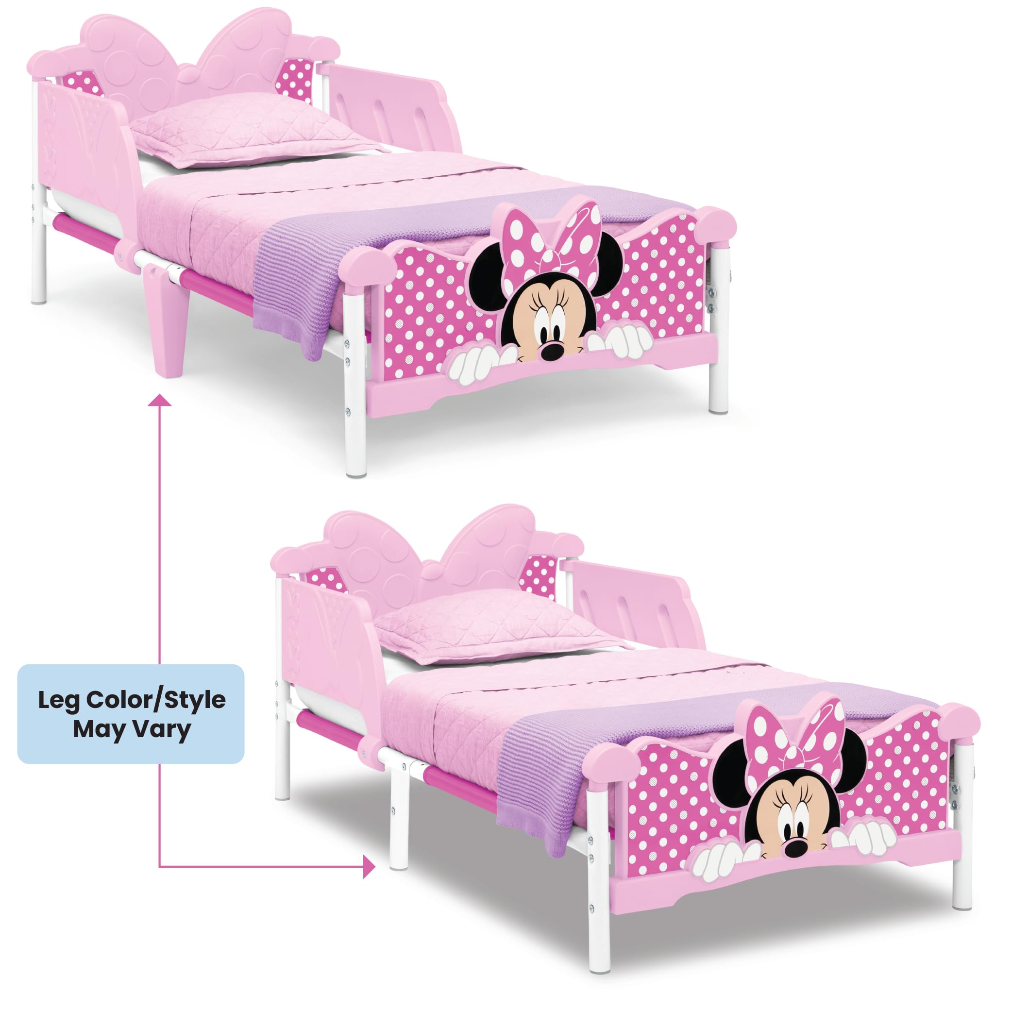 Delta Children Minnie Mouse 3D toddler bed pink colorful decals brighten the room.