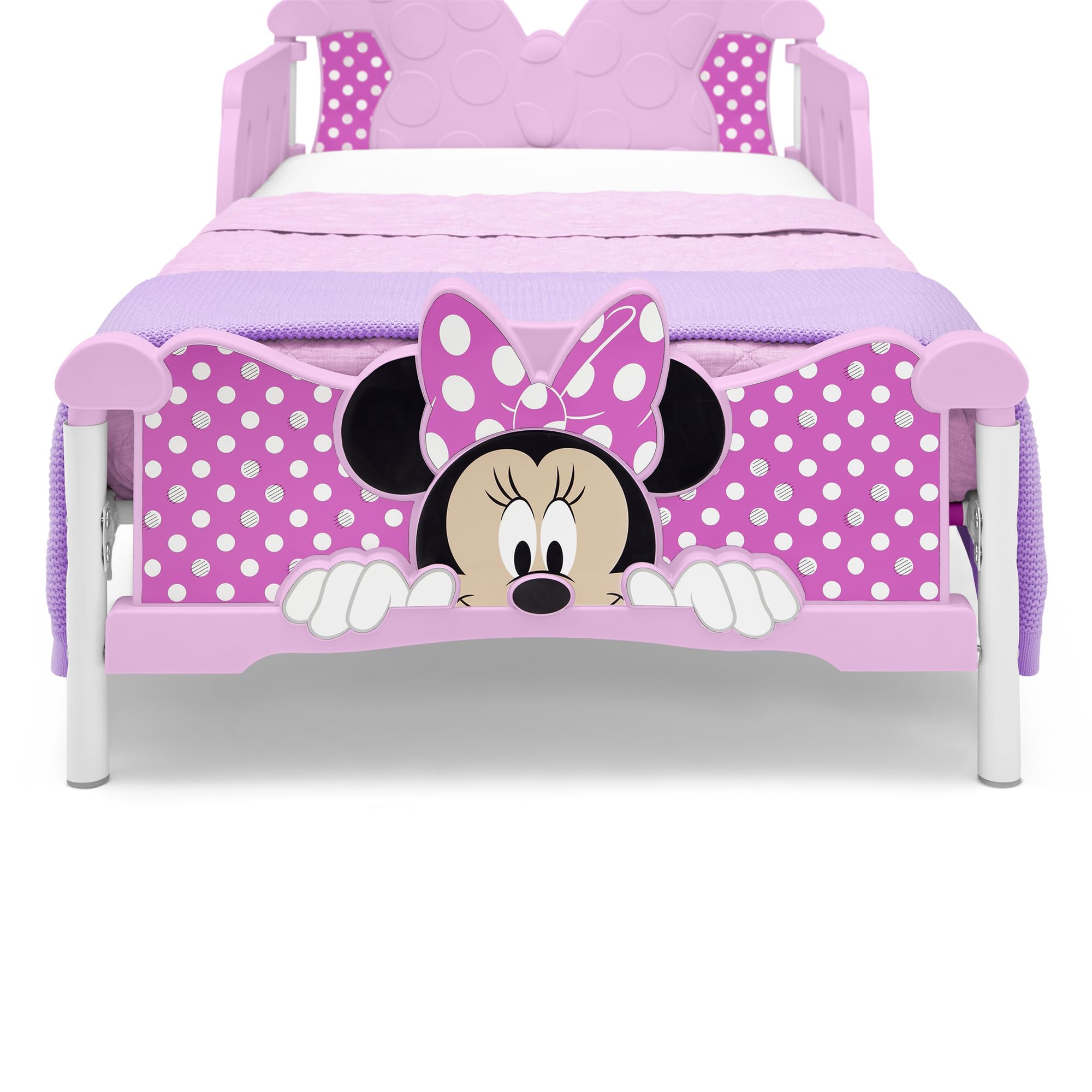 Delta Children Minnie Mouse 3D toddler bed pink dimensions show a compact kid-friendly size.