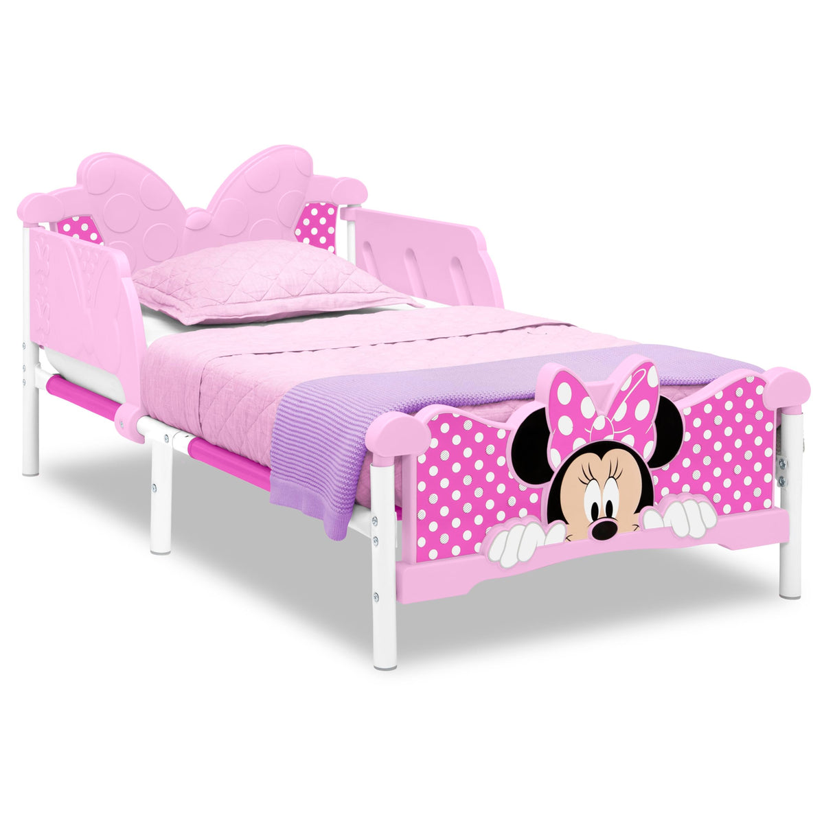 Delta Children Minnie Mouse 3D toddler bed pink headboard detail for imaginative bedtime.