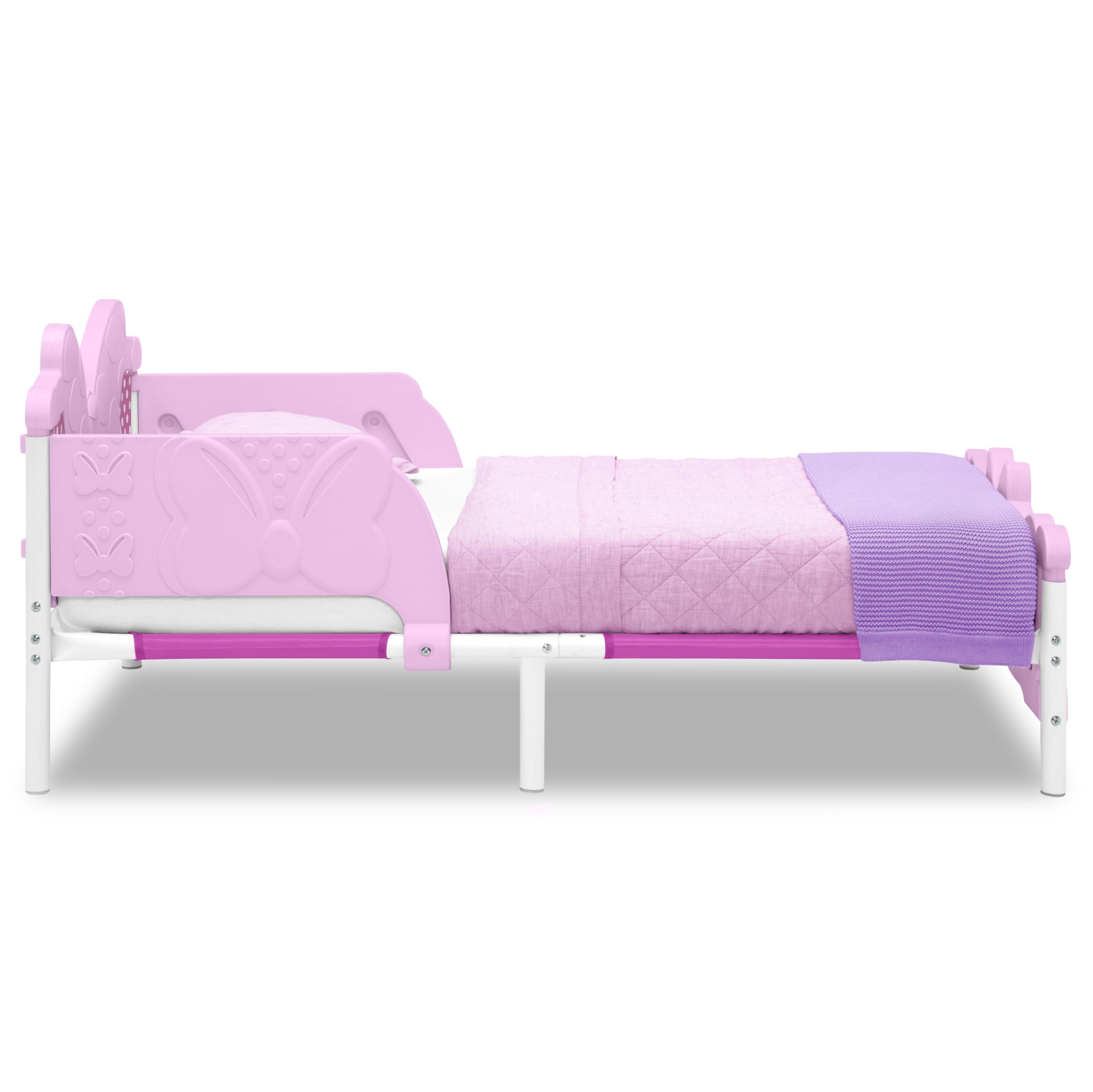 Delta Children Minnie Mouse 3D toddler bed pink mattress compatibility with standard crib mattress.
