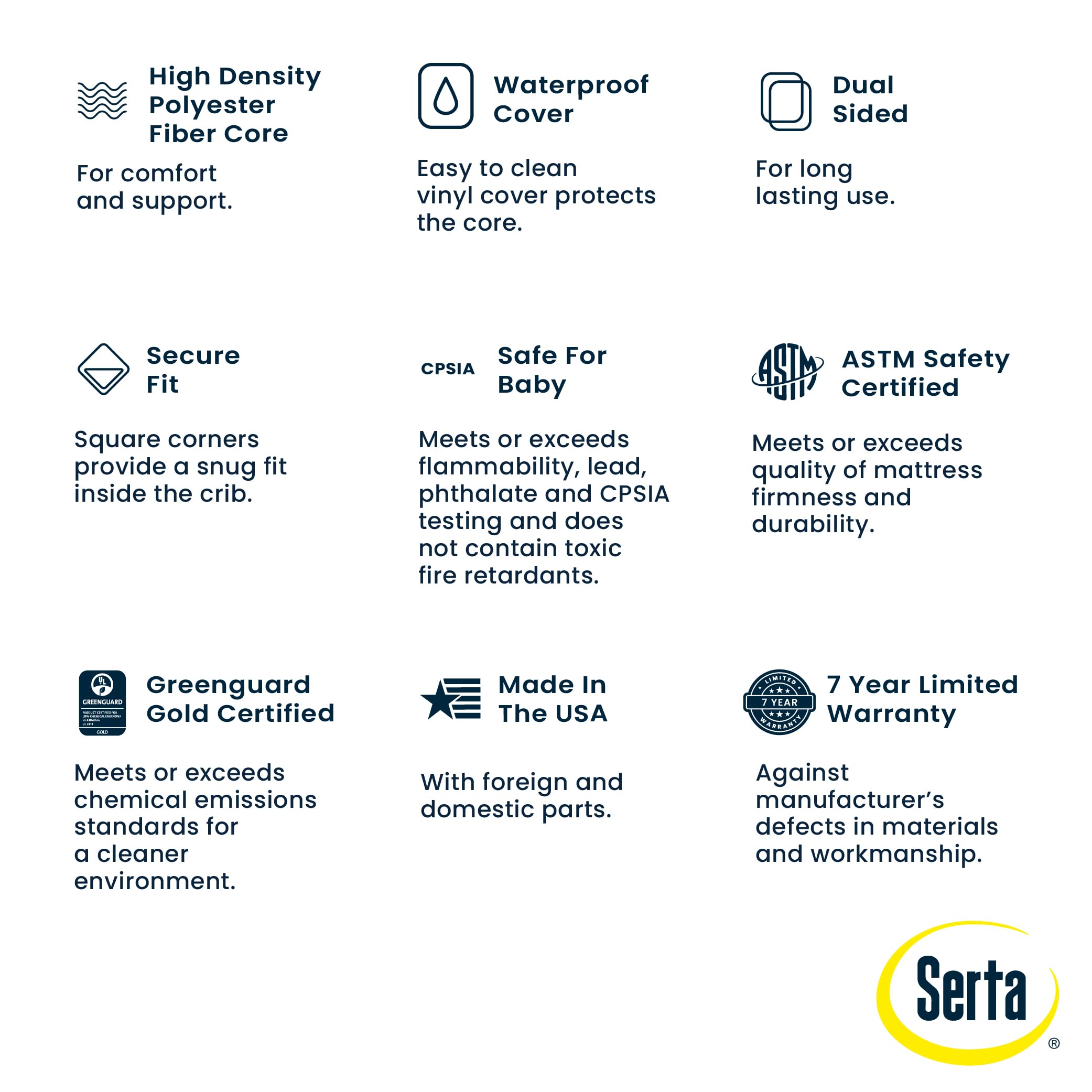 Delta Children Serta Perfect Slumber GREENGUARD Gold certification badge visible.
