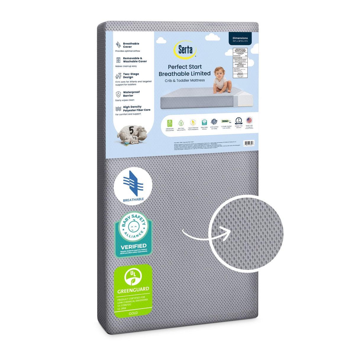 Delta Children Serta Perfect Start breathable cover promotes airflow for cooler baby sleep