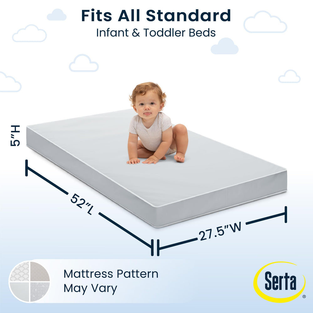 Delta Children Serta Perfect Start fiber-core from recycled bottles supports durability and sustainability.