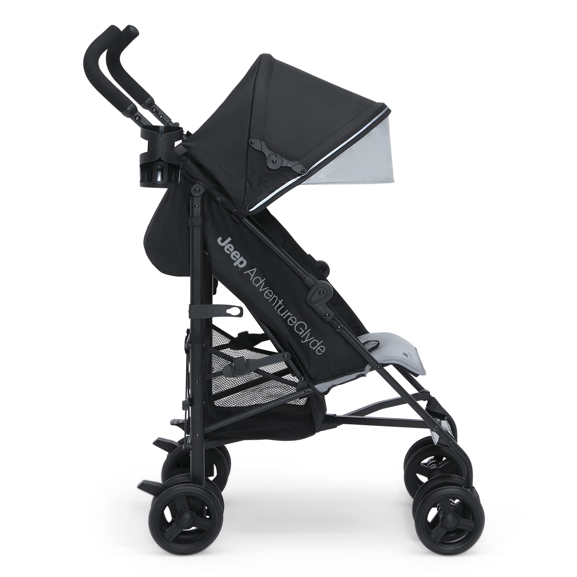 Delta Children Jeep AdventureGlyde compact fold with auto latch for travel.