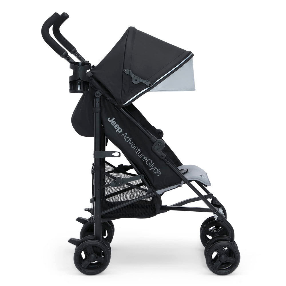 Delta Children Jeep AdventureGlyde compact fold with auto latch for travel.