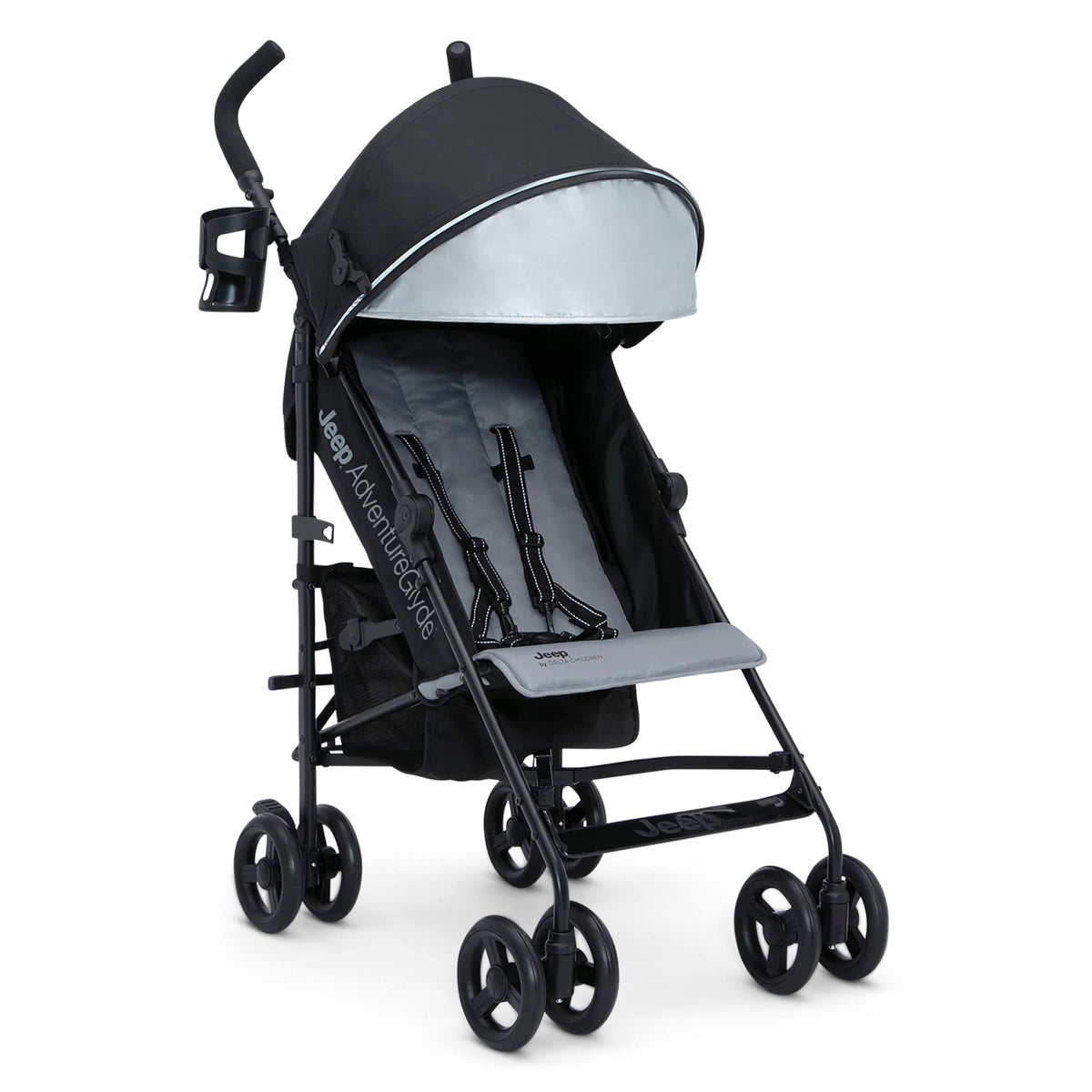Delta Children Jeep AdventureGlyde front wheels with precision tech for effortless maneuvering.