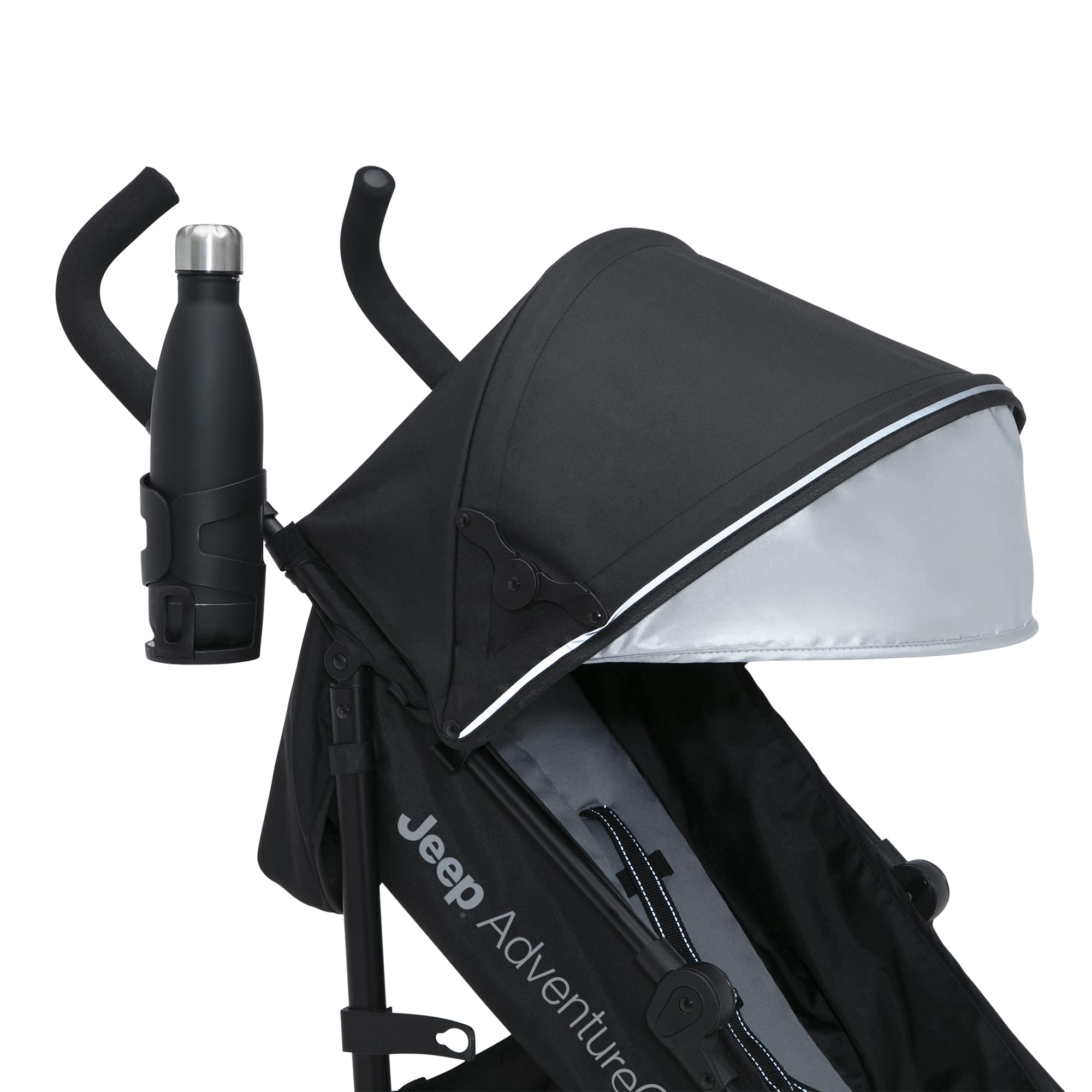 Delta Children Jeep AdventureGlyde parent cup holder for convenient drinks.