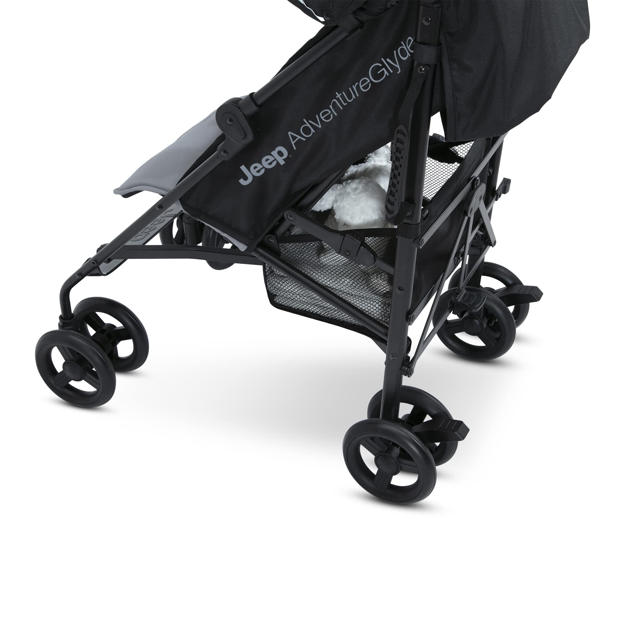 Delta Children Jeep AdventureGlyde swivel front wheels for smooth performance.