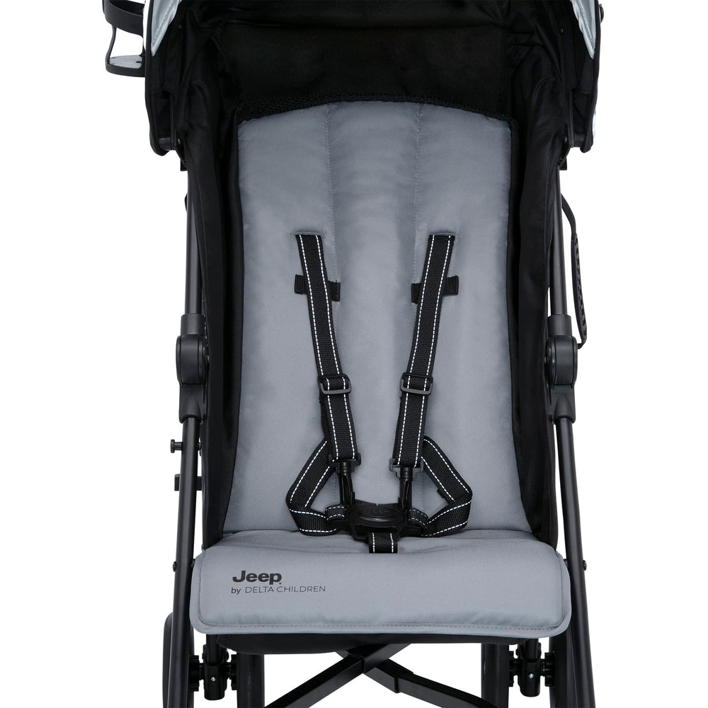 Delta Children Jeep AdventureGlyde three-position recline for comfortable rides.