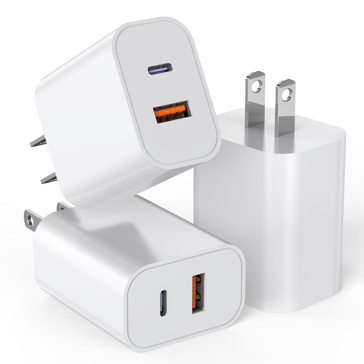 DelTucci 3-Pack 20W dual-port charger block with USB-C and USB-A for quick charging on the go.