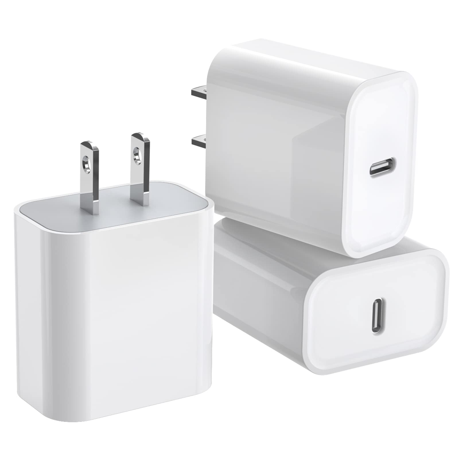 DelTucci 3Pack 20W USB-C charger, front view, quick charging for iPhone and iPad