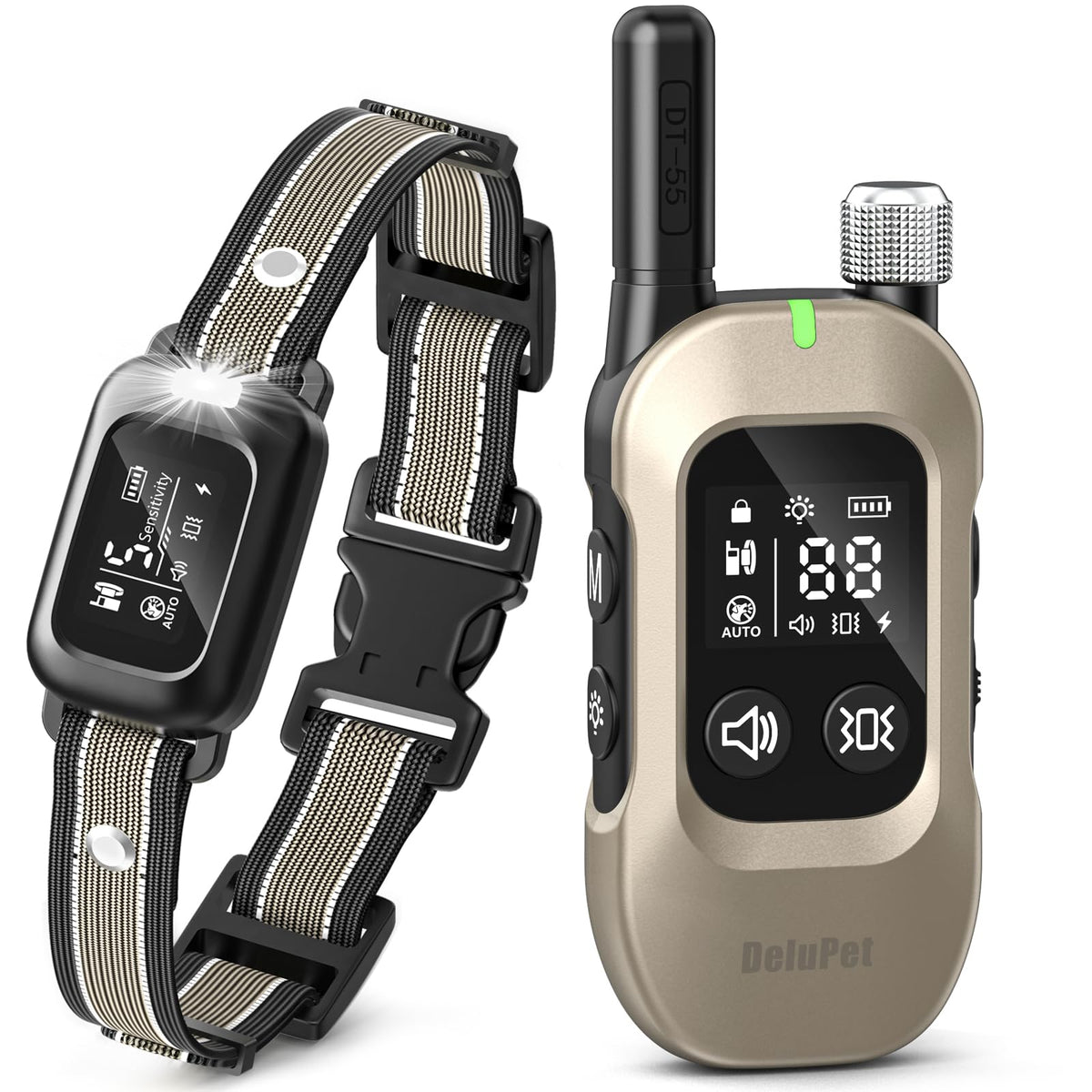 Delupet 2-in-1 bark collar remote in use for training control during walks.