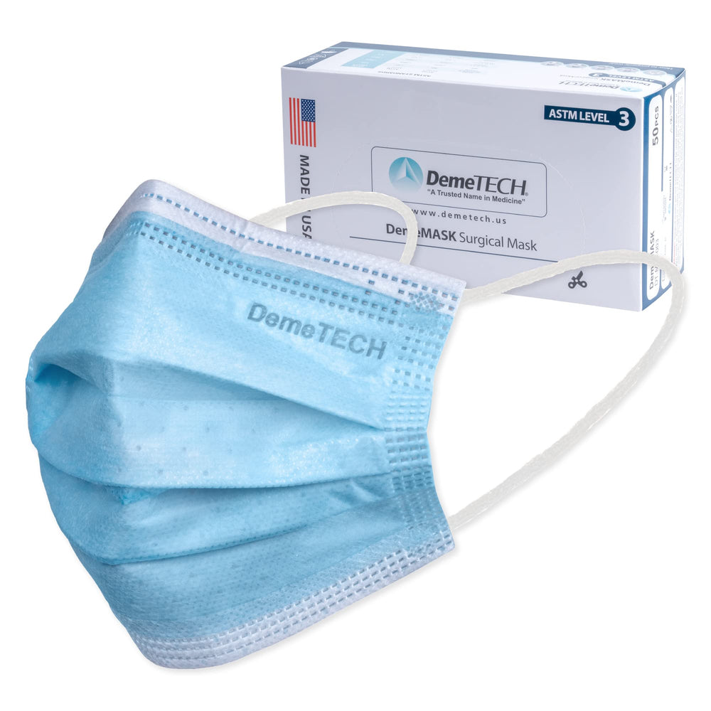 DemeTECH ASTM Level 3 mask pack 50 quantity offers reliable fluid resistance for everyday protection.