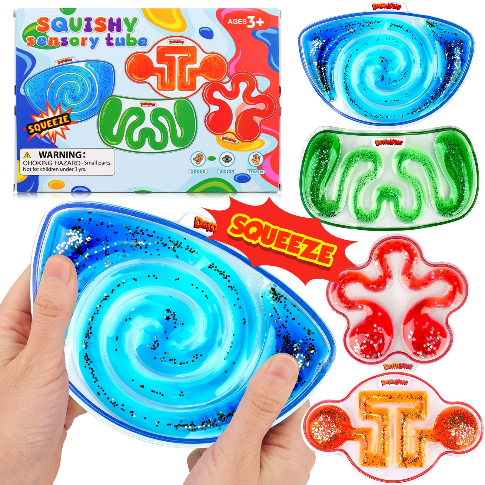 Demilong squishy sensory toy 4-pack front view promotes calm focus through tactile squeezing