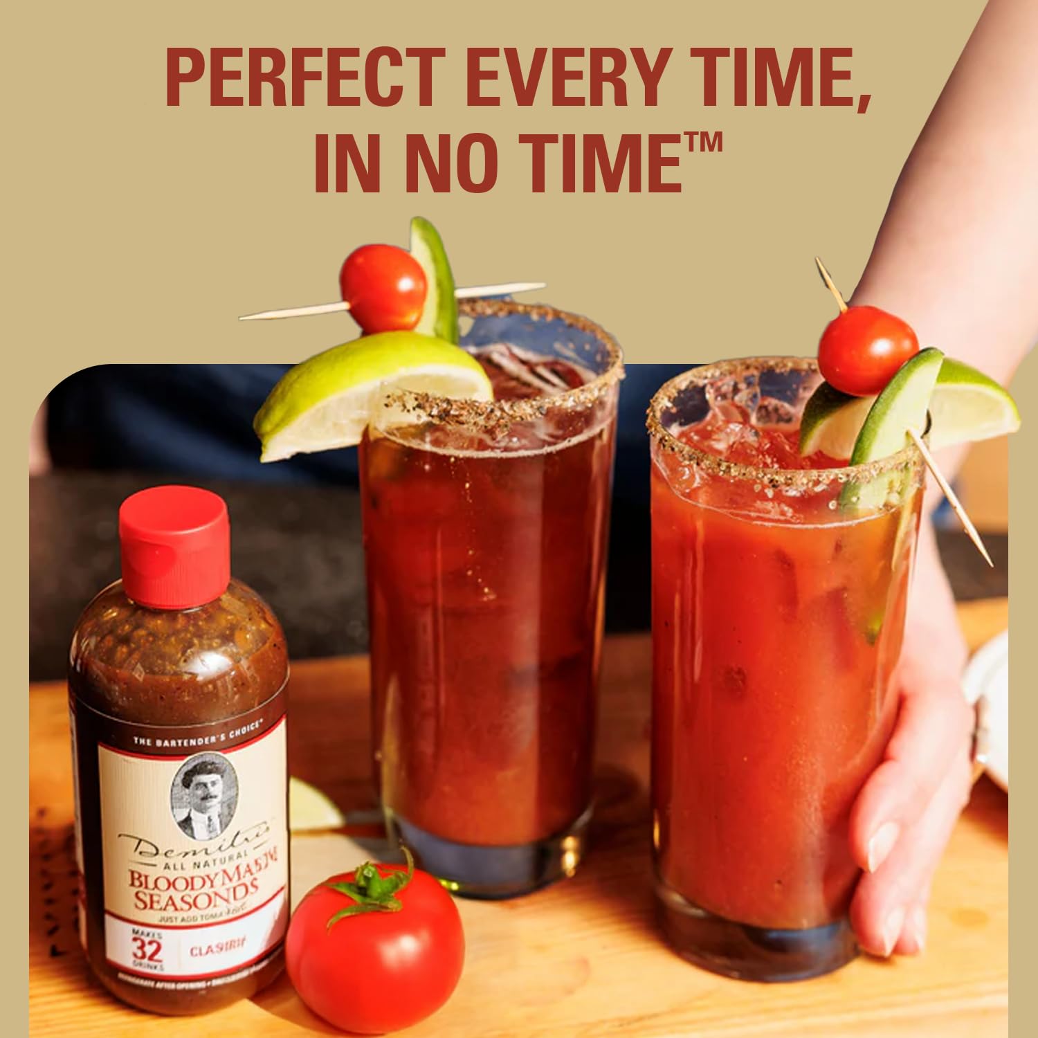 Demitri's Bloody Mary Seasoning setup at a brunch with glass and skewers