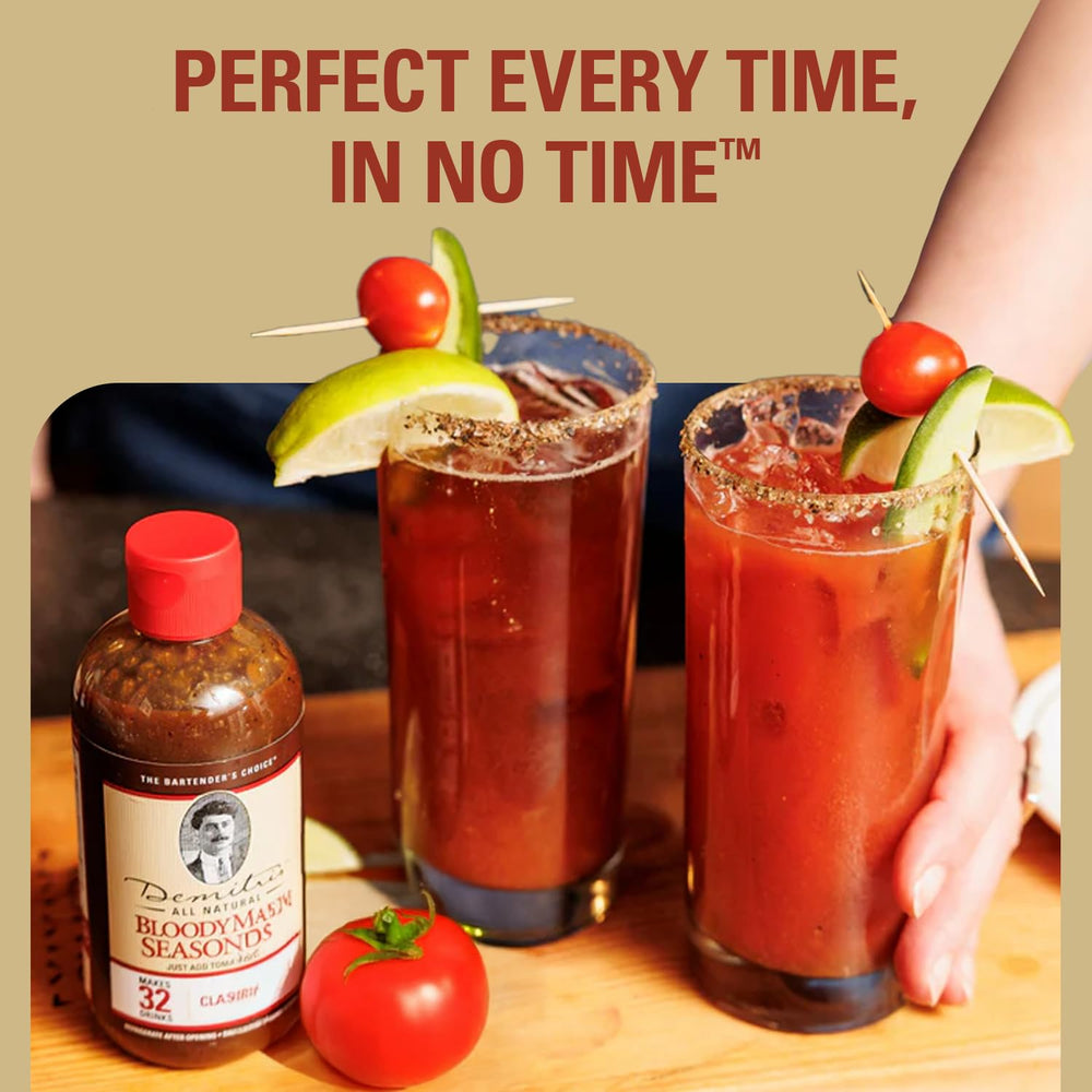 Demitri's Bloody Mary Seasoning setup at a brunch with glass and skewers