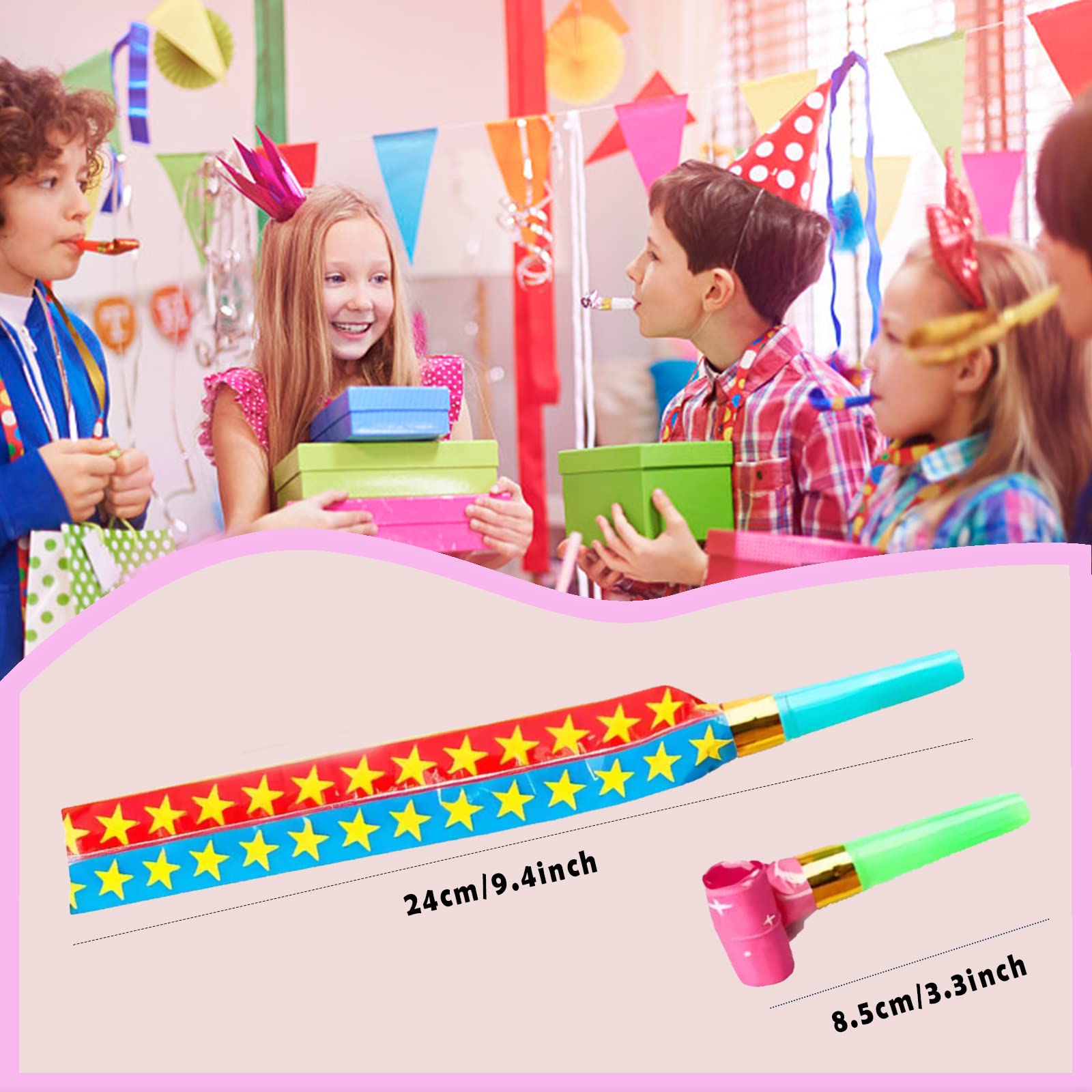 DEMOCRATIDO party blowers close-up, ideal for kids and adults to kick off festivities.