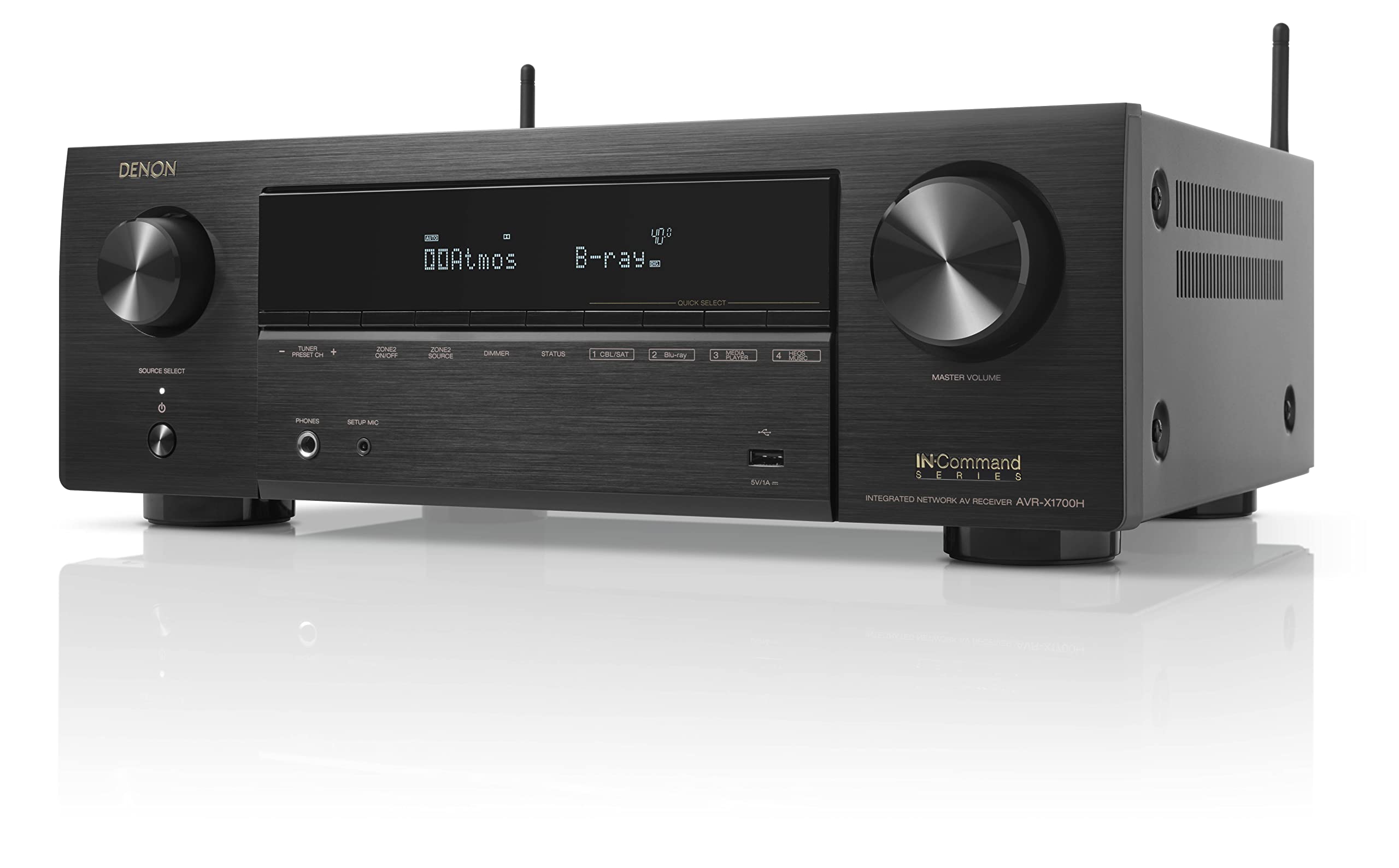 Denon AVR-X1700H front view showing compact design for living room setups