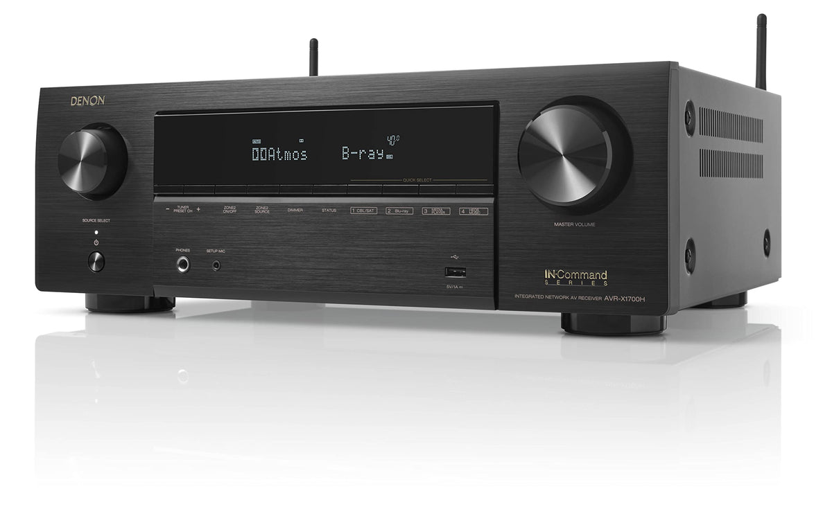 Denon AVR-X1700H front view showing compact design for living room setups