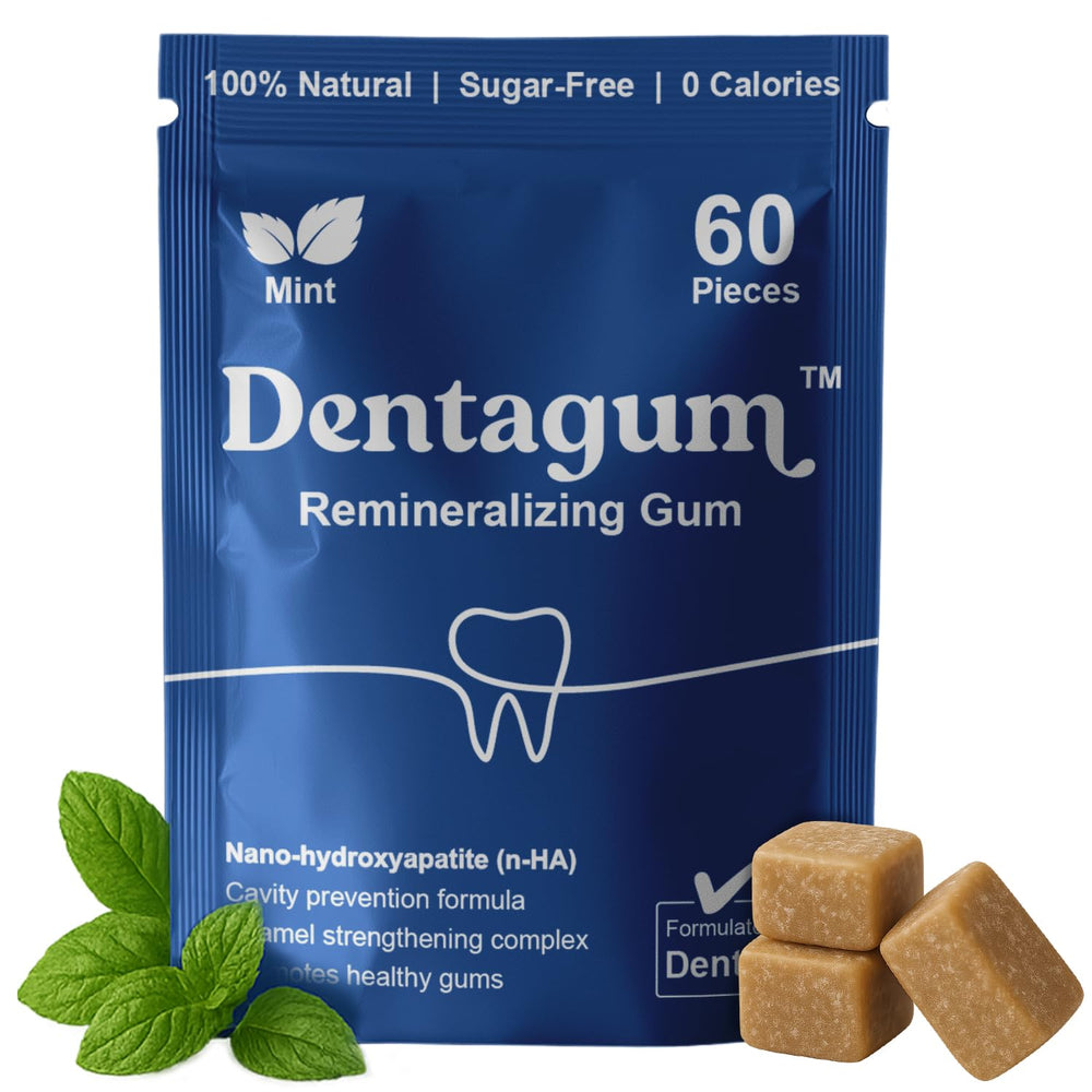 Dentagum remineralizing gum packaging shows sugar-free formula for enamel support.