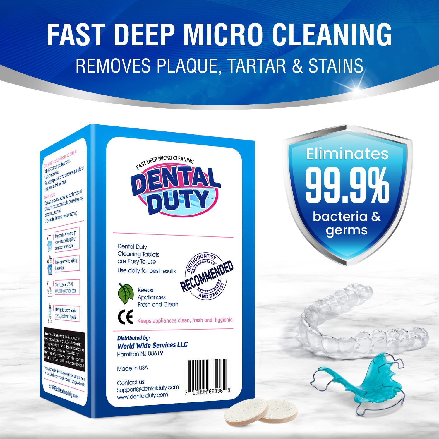 Dental Duty denture cleaner tablets closeup highlighting stain removal