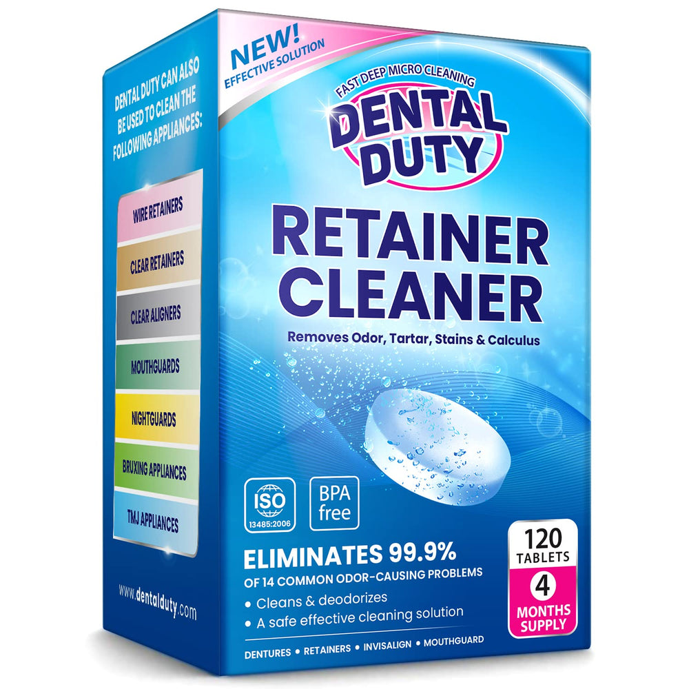 Dental Duty retainer cleaner tablets pack shot for convenient all-device cleaning