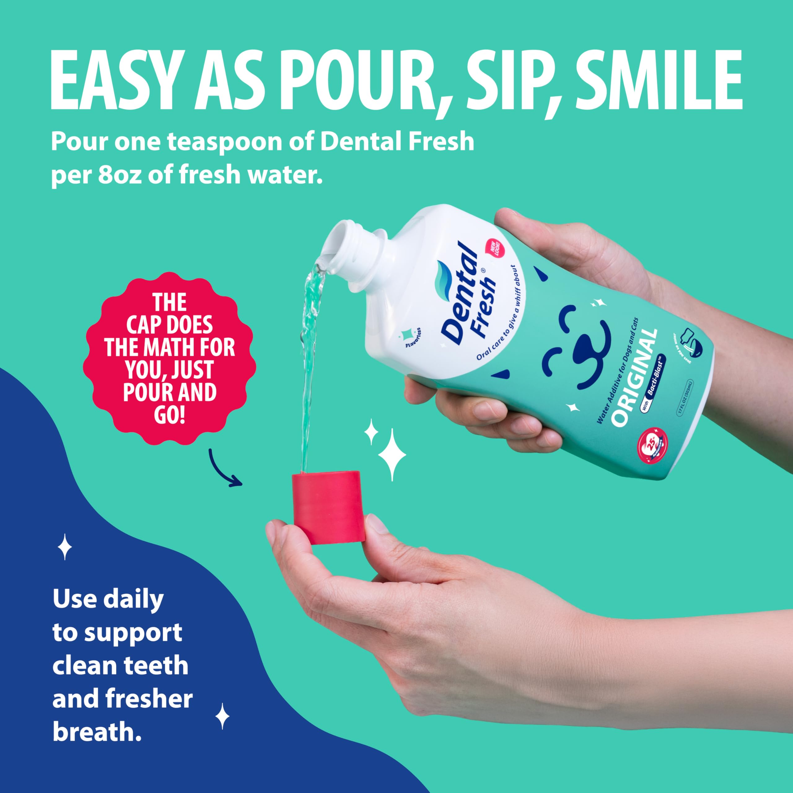 Dental Fresh measuring cap close-up showing easy, precise daily dosing.