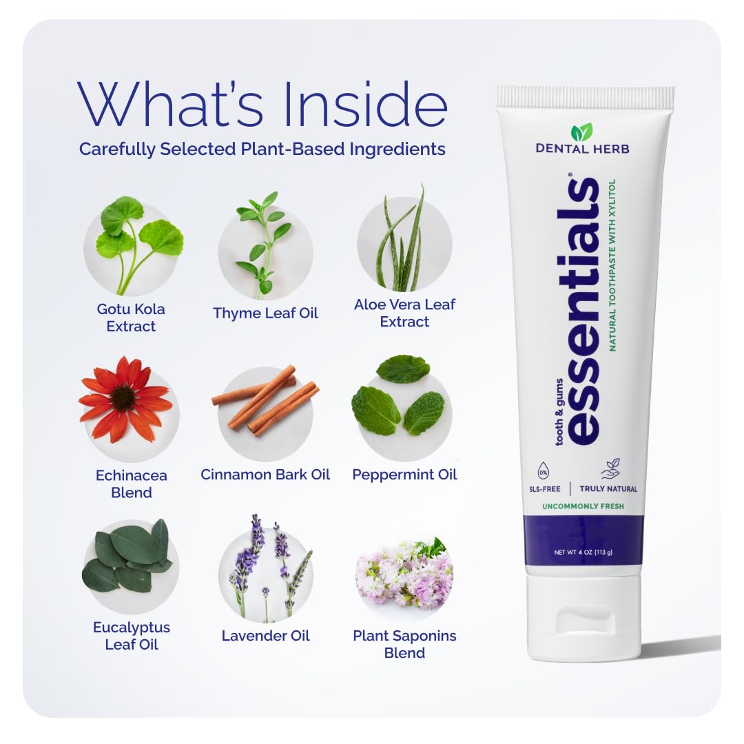 Herbal flavor close-up showing refreshing taste in Essentials toothpaste.