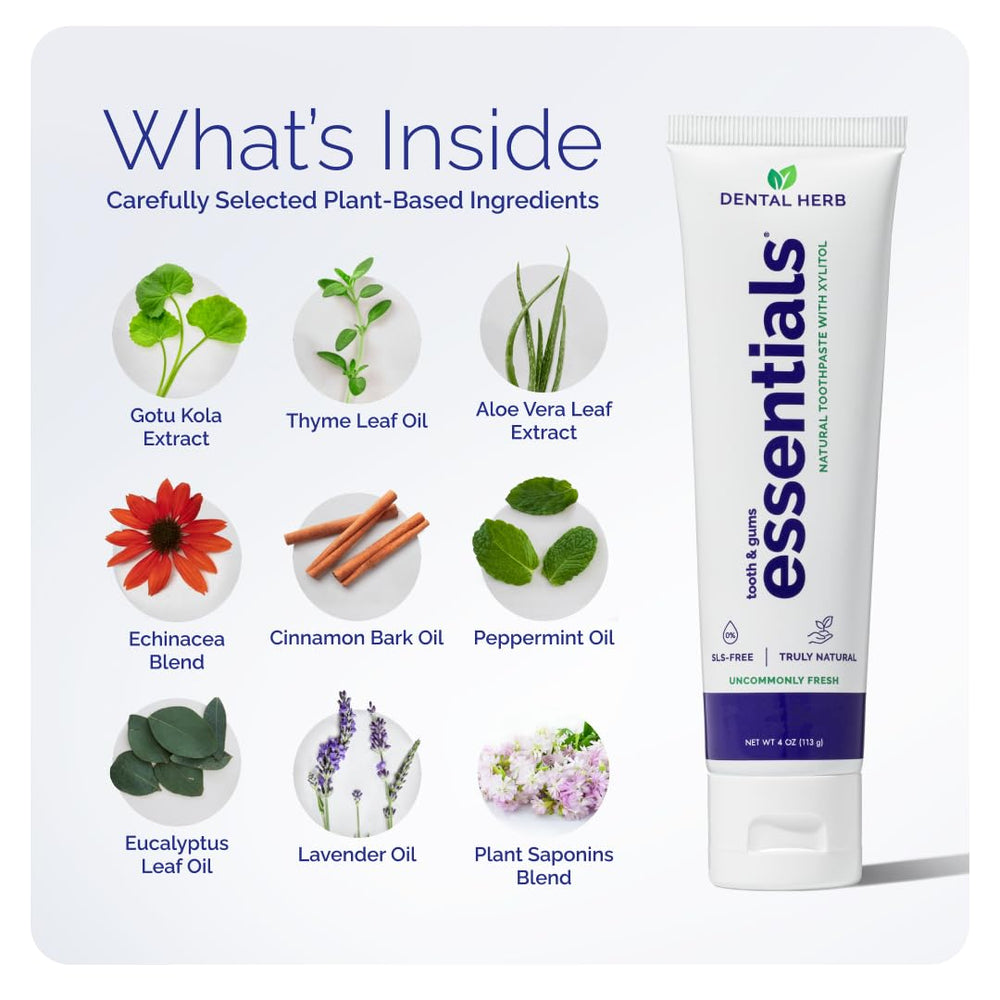 Herbal flavor close-up showing refreshing taste in Essentials toothpaste.