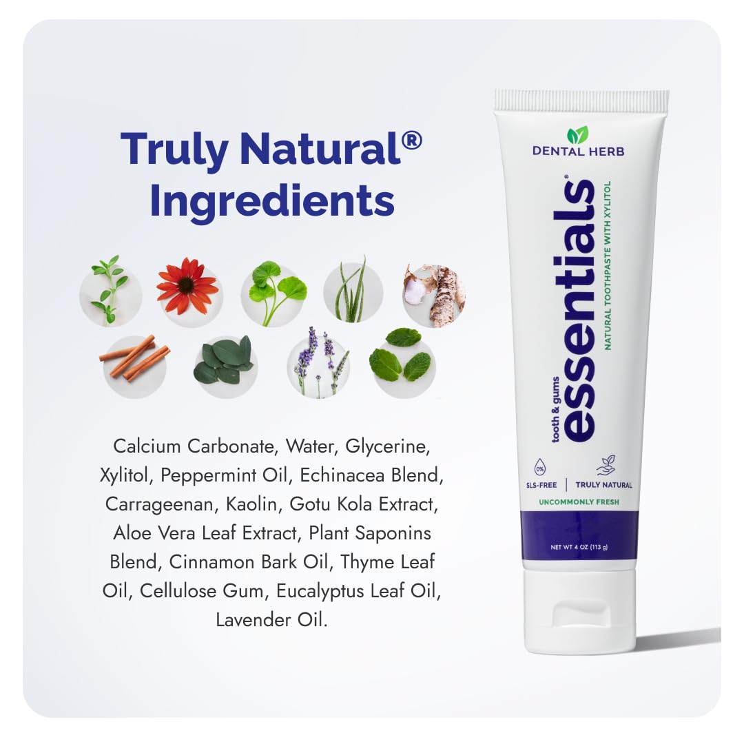 Natural ingredients label on Dental Herb Company Essentials toothpaste packaging.
