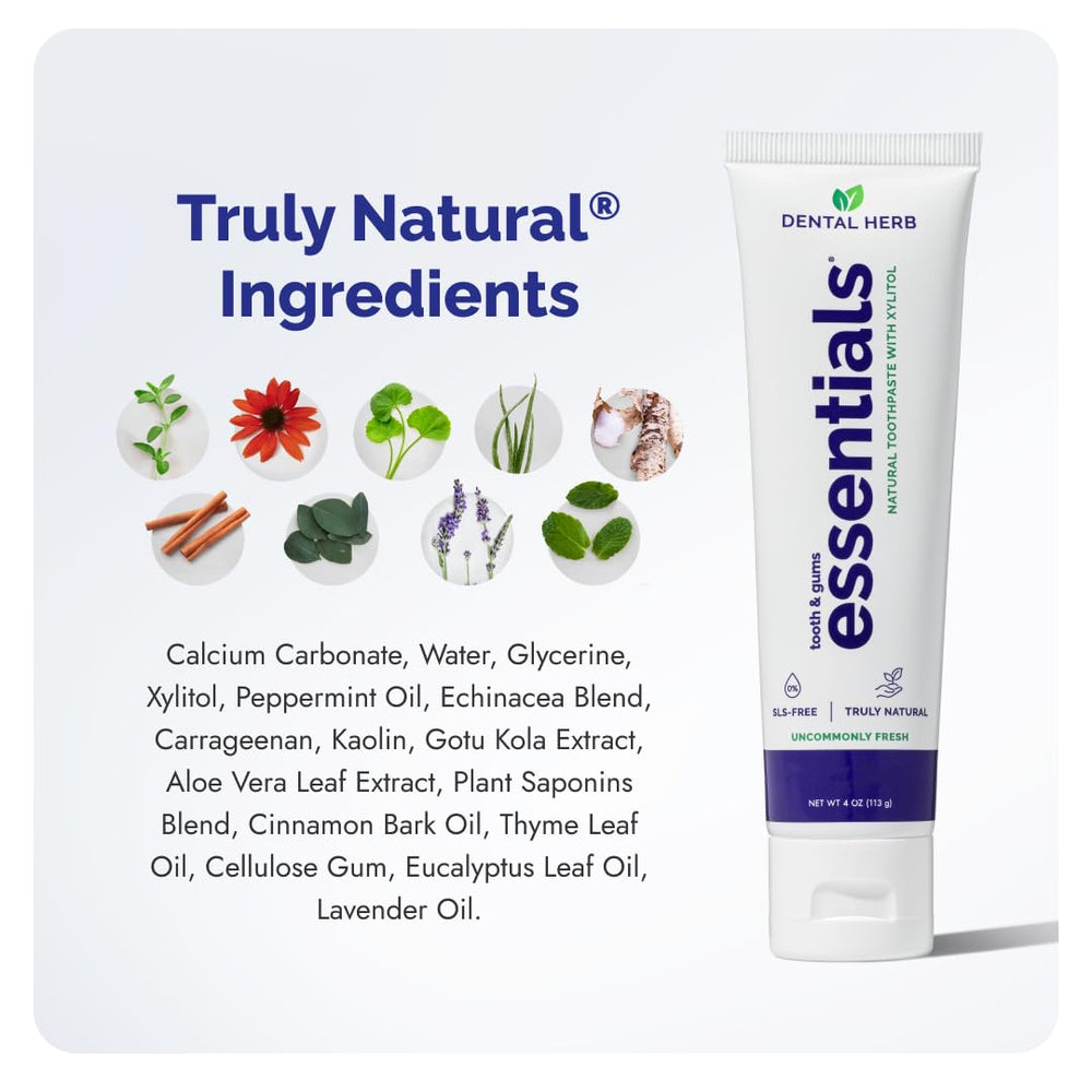 Natural ingredients label on Dental Herb Company Essentials toothpaste packaging.