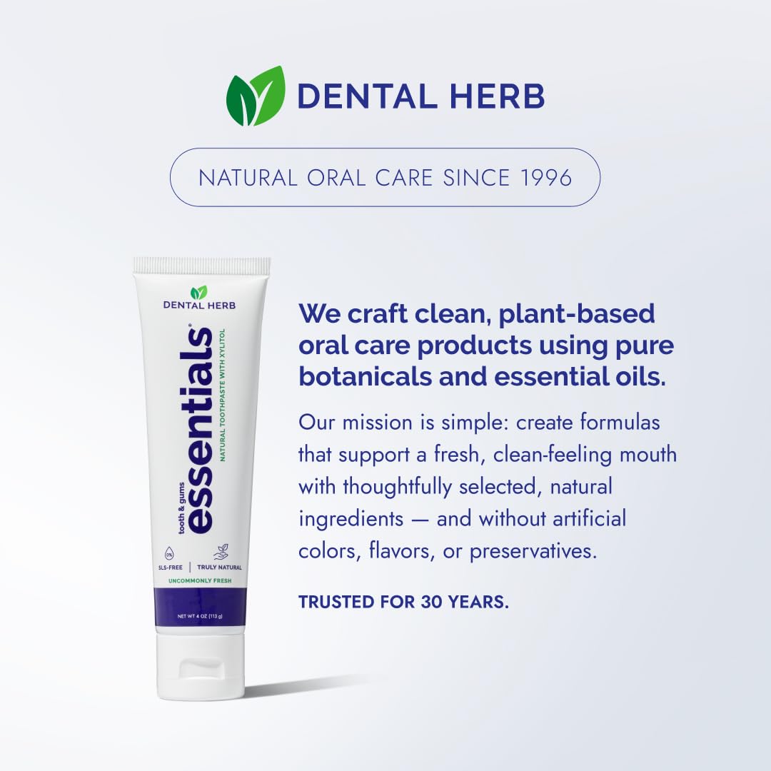 Eco-friendly packaging beside Dental Herb Company Essentials toothpaste.