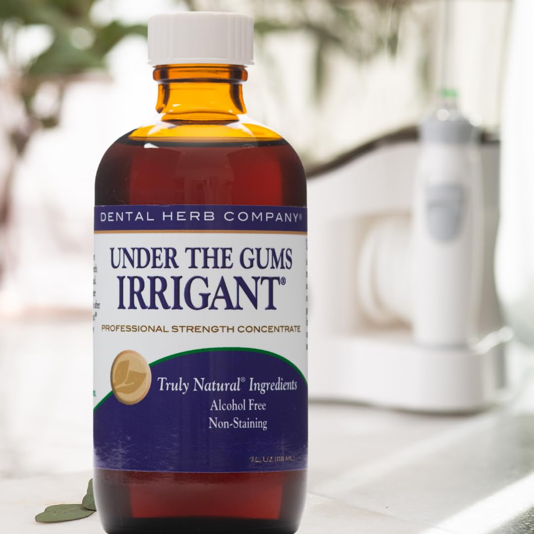 Dental Herb Under The Gums Irrigant bottle front for gum care, alcohol free
