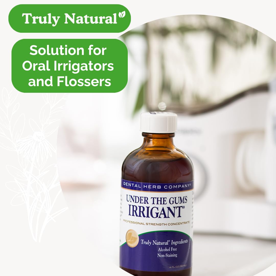 Dental Herb Under The Gums Irrigant bottle label closeup with peppermint oil