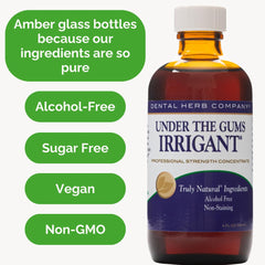 Dental Herb Under The Gums Irrigant ingredients graphic shows natural herbs and xylitol