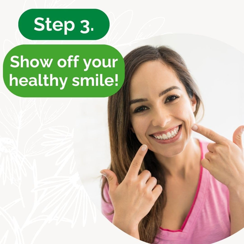 Dental Herb Under The Gums Irrigant packaging display highlights vegan and fluoride free