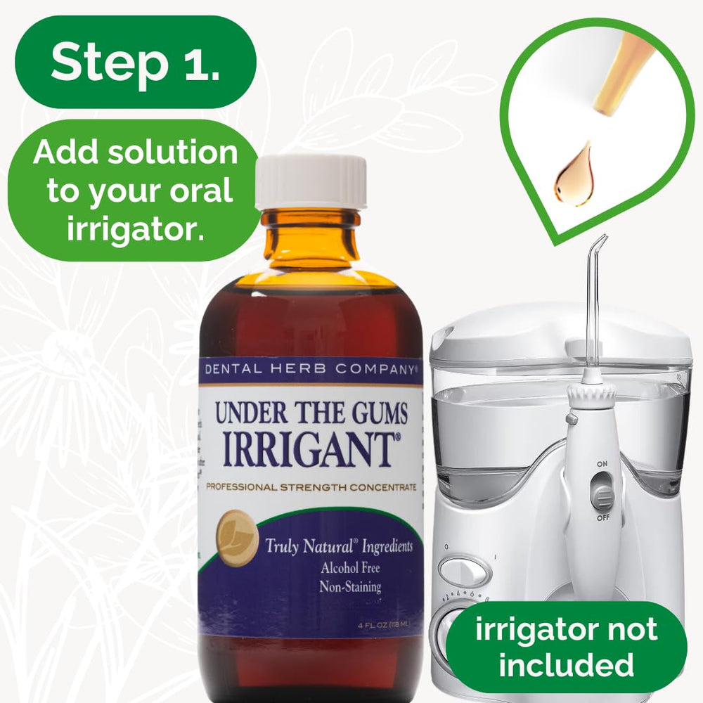 Dental Herb Under The Gums Irrigant used with a water flosser in action