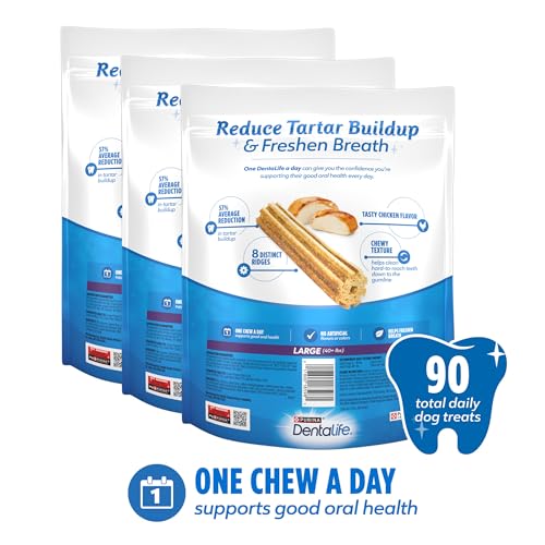 Purina DentaLife 90-count bag supports daily oral care.