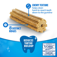 Purina DentaLife chews with eight ridges clean hard-to-reach teeth.