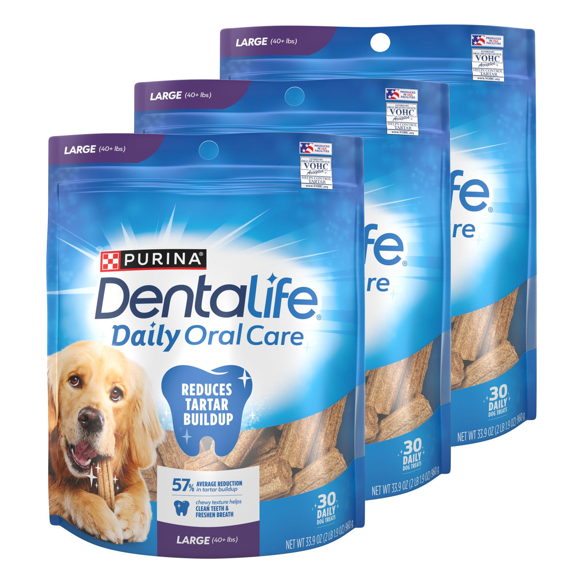 Purina DentaLife large dog chews package supports tartar control.