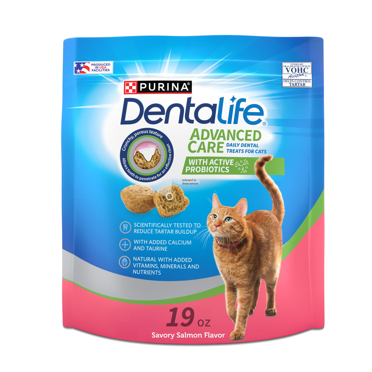 Dentalife salmon-flavor cat treats in bag highlight savory snack appeal.