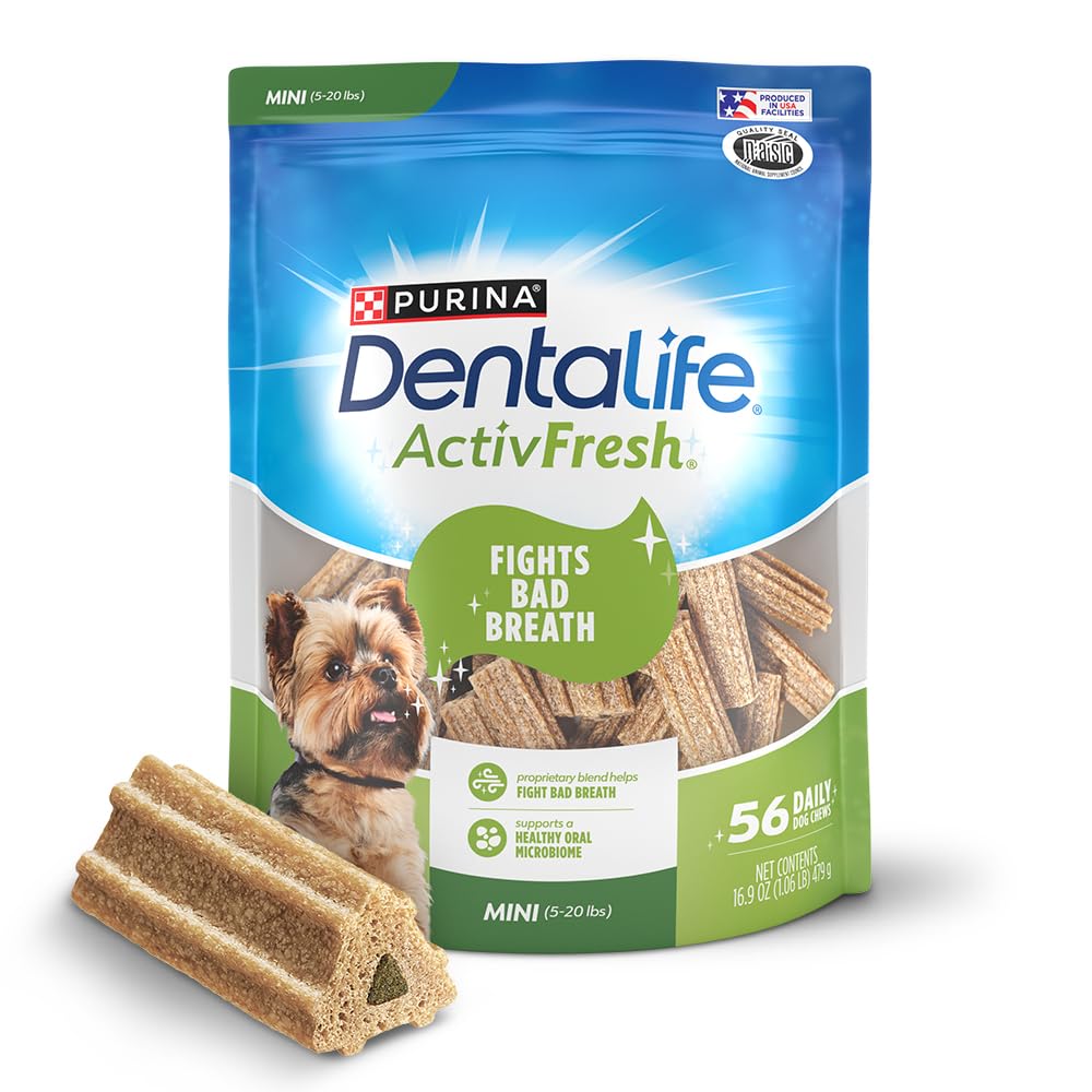 Dentalife ActivFresh small-dog chews in pack promote fresh breath.