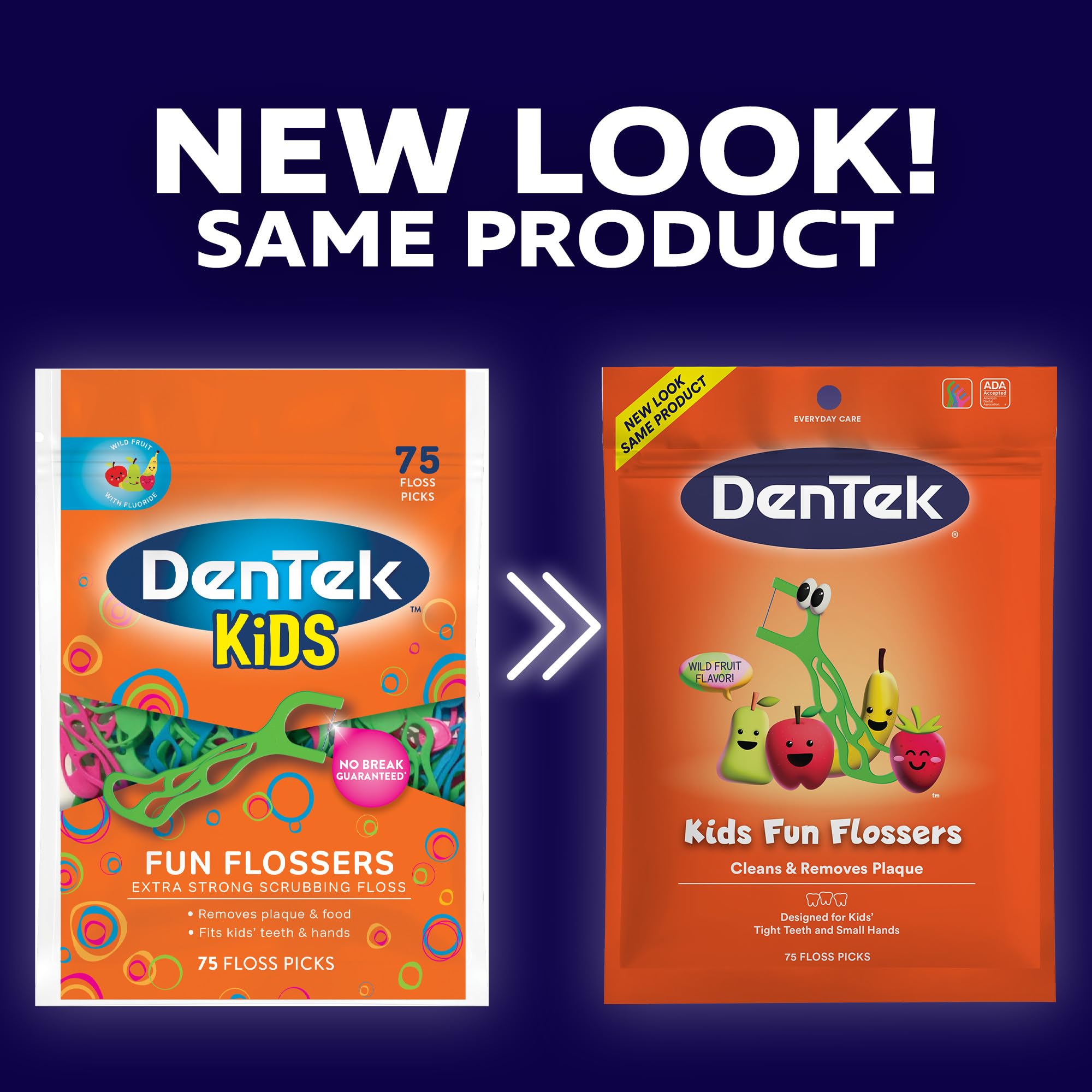 DenTek curved floss pick design fits between tiny teeth.