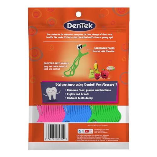 Happy kid smiling after flossing with DenTek Fun Flossers.
